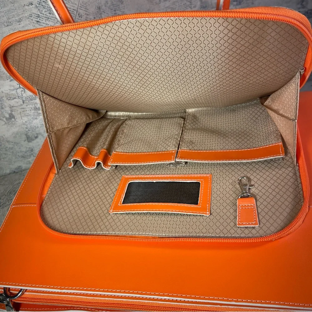 Structured Orange Leather Laptop Tote Bag with Double Handles